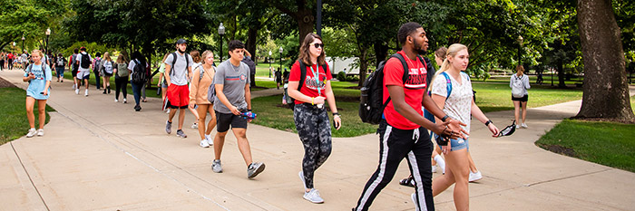 Students walking on quad.
